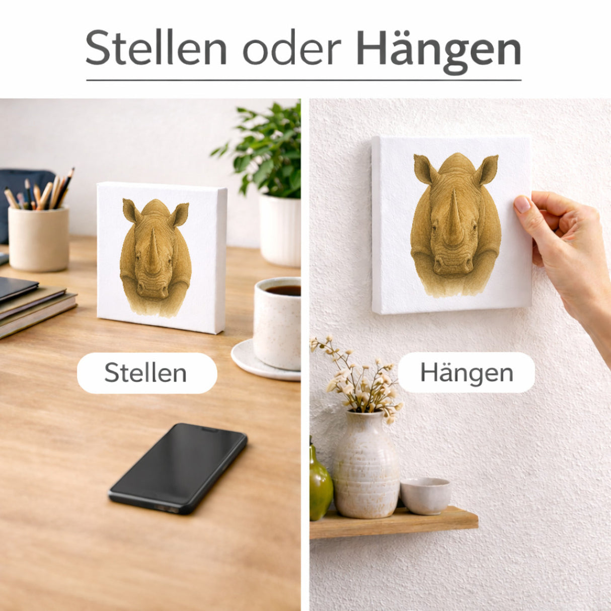 Safari Eleganz Nashorn Kopf Holzbild in 10x10 cm zum Stellen oder Aufhängen