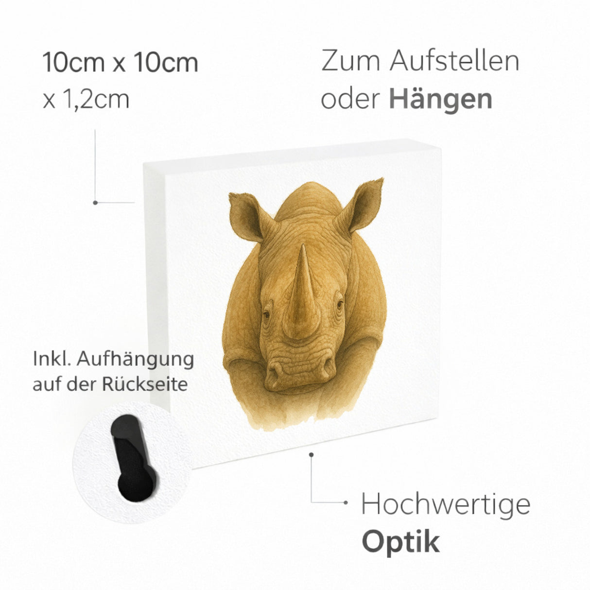 Safari Eleganz Nashorn Kopf Holzbild in 10x10 cm zum Stellen oder Aufhängen