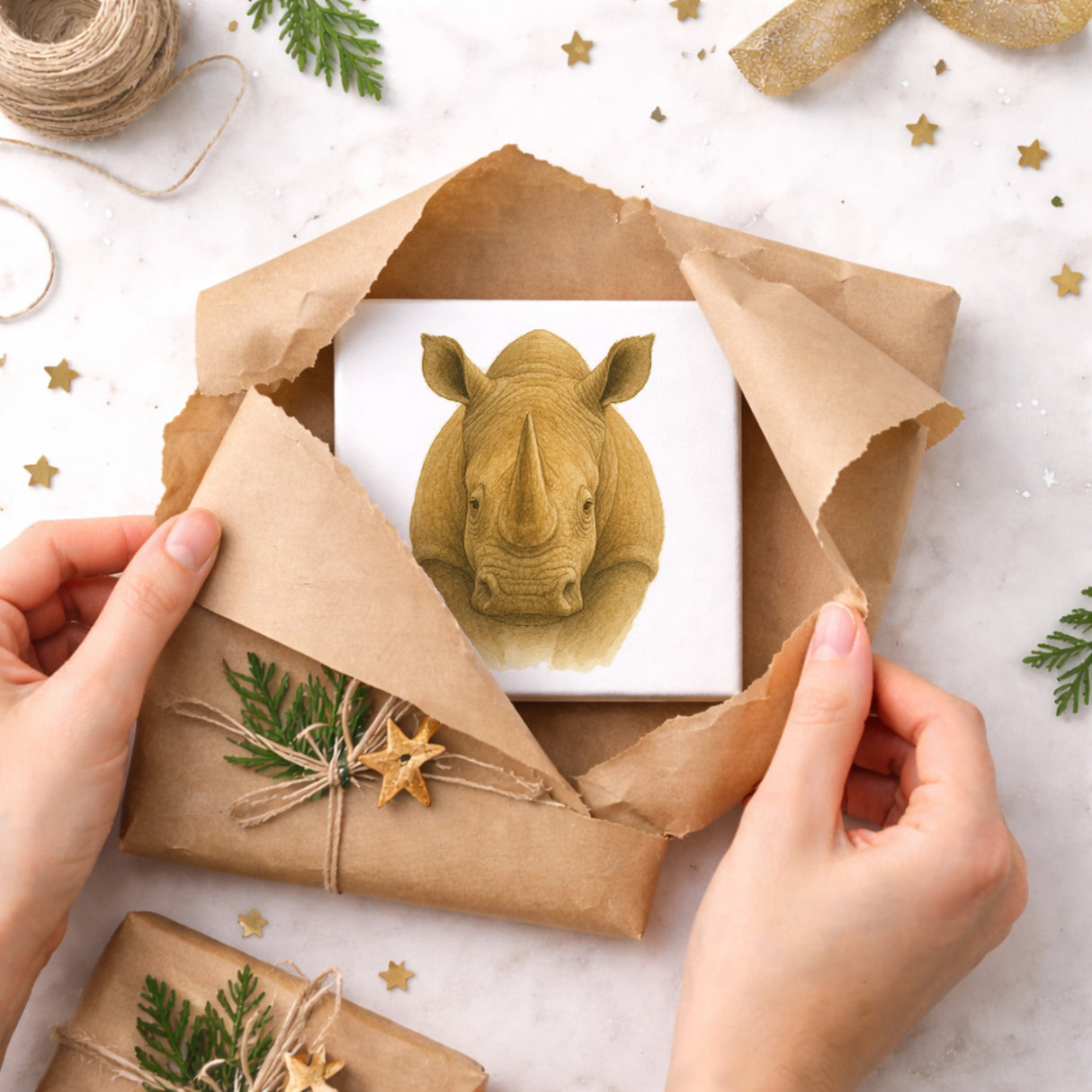 Safari Eleganz Nashorn Kopf Holzbild in 10x10 cm zum Stellen oder Aufhängen