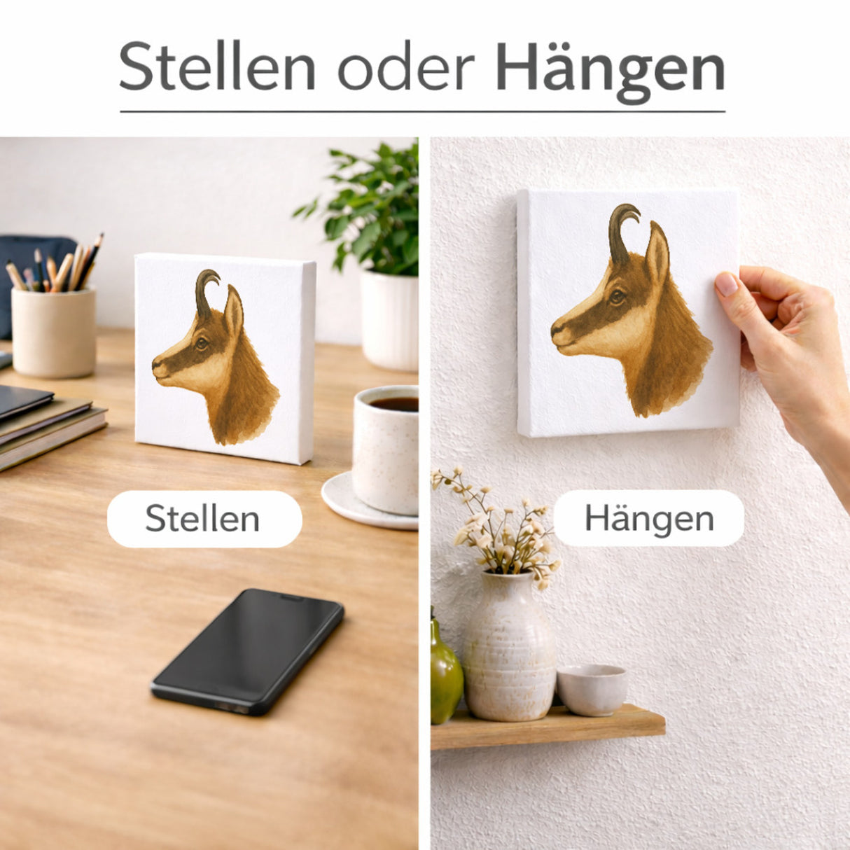 Gipfelliebe Gämse Kopf Holzbild in 10x10 cm zum Stellen oder Aufhängen