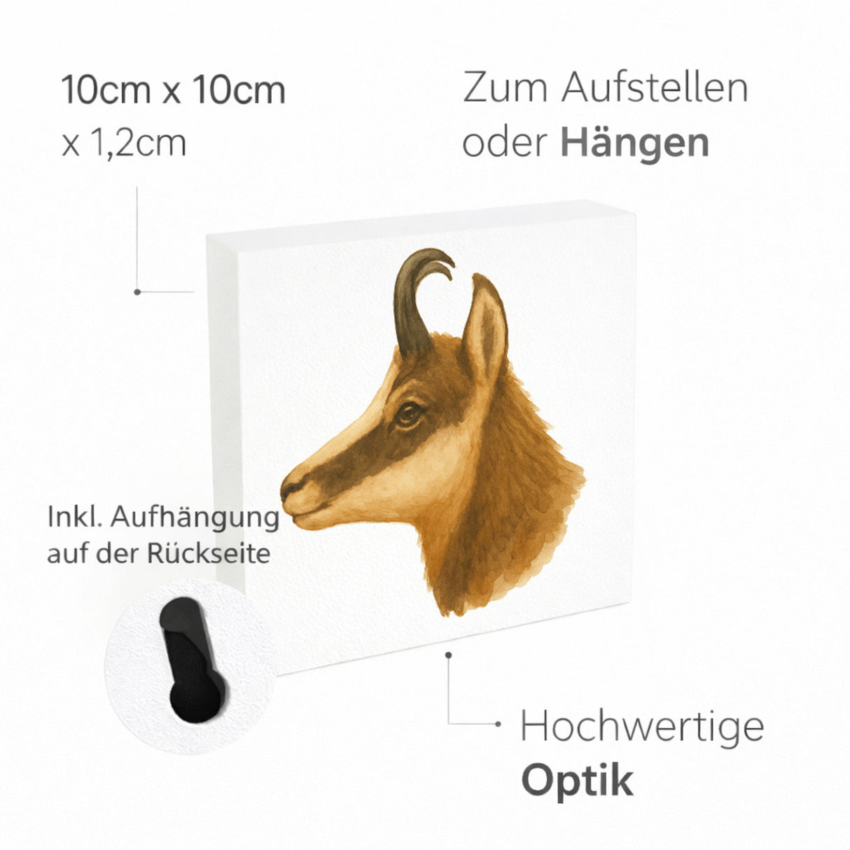 Gipfelliebe Gämse Kopf Holzbild in 10x10 cm zum Stellen oder Aufhängen