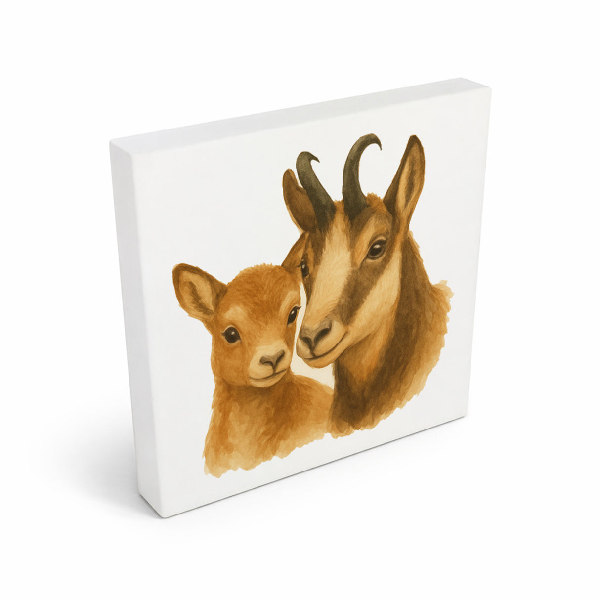 Gipfelliebe Gämse mit Jungtier Holzbild in 10x10 cm zum Stellen oder Aufhängen