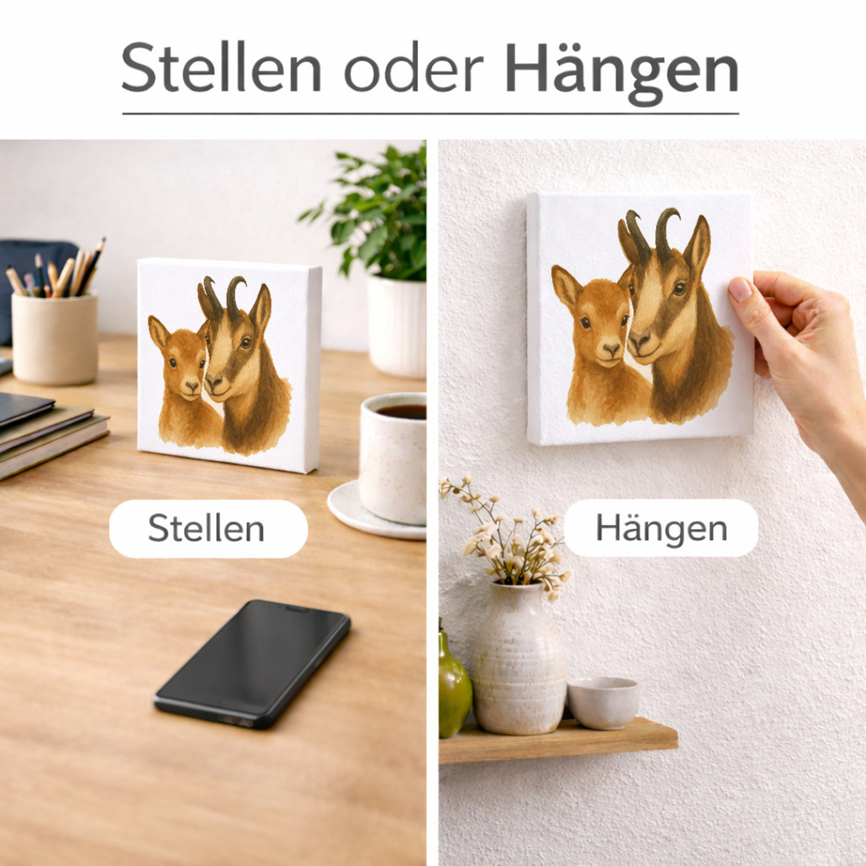 Gipfelliebe Gämse mit Jungtier Holzbild in 10x10 cm zum Stellen oder Aufhängen