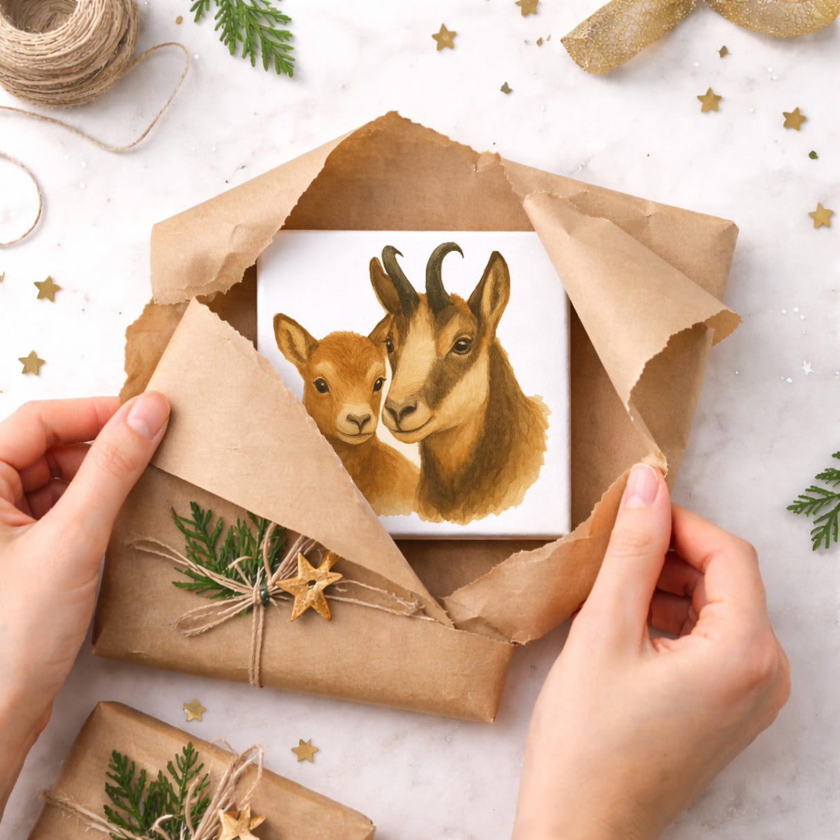Gipfelliebe Gämse mit Jungtier Holzbild in 10x10 cm zum Stellen oder Aufhängen