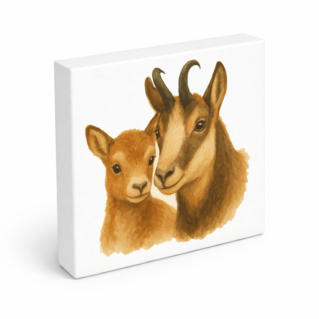 Gipfelliebe Gämse mit Jungtier Holzbild in 10x10 cm zum Stellen oder Aufhängen