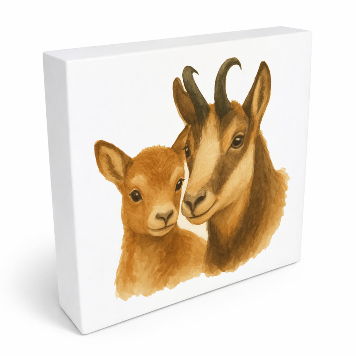 Gipfelliebe Gämse mit Jungtier Holzbild in 10x10 cm zum Stellen oder Aufhängen