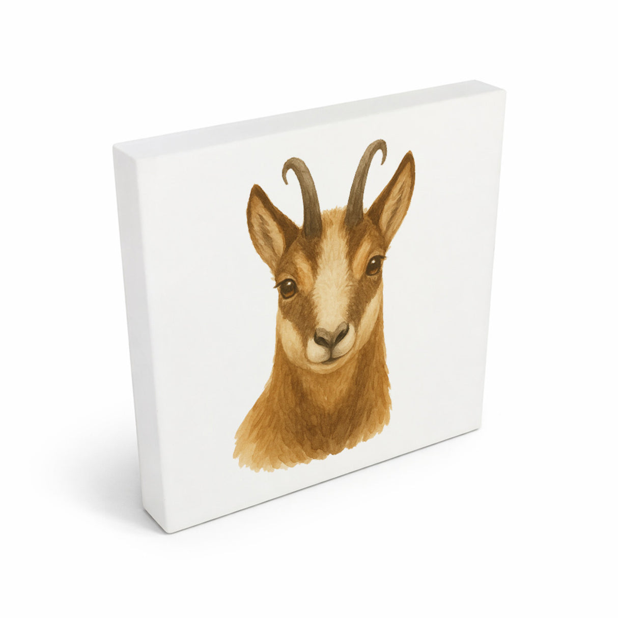 Gipfelliebe Gämse Portrait Holzbild in 10x10 cm zum Stellen oder Aufhängen
