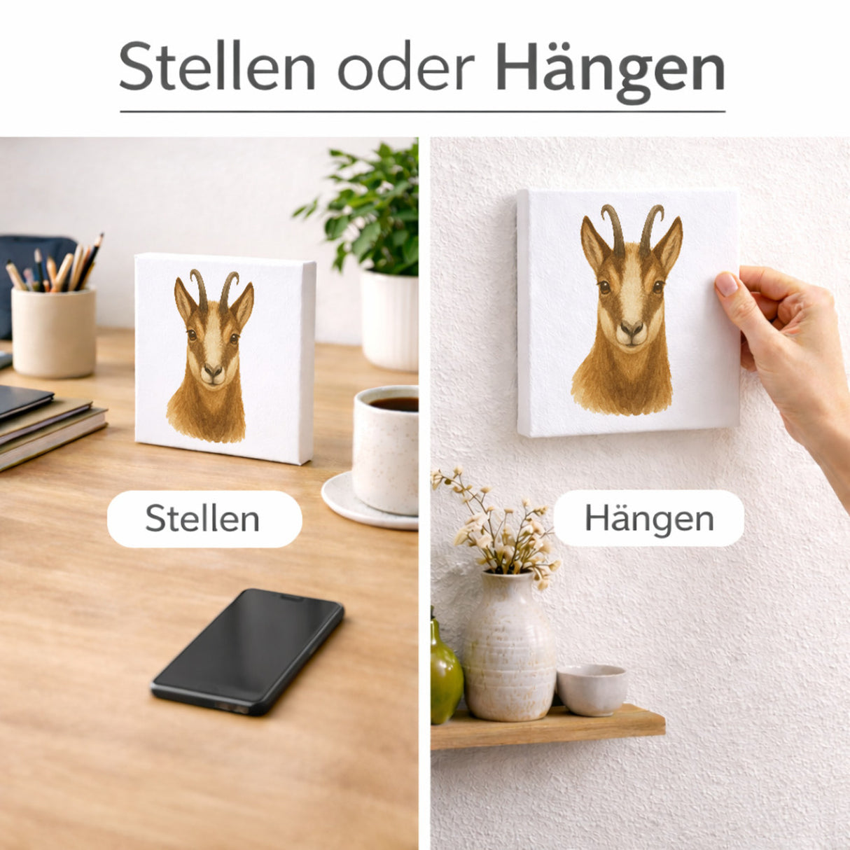 Gipfelliebe Gämse Portrait Holzbild in 10x10 cm zum Stellen oder Aufhängen