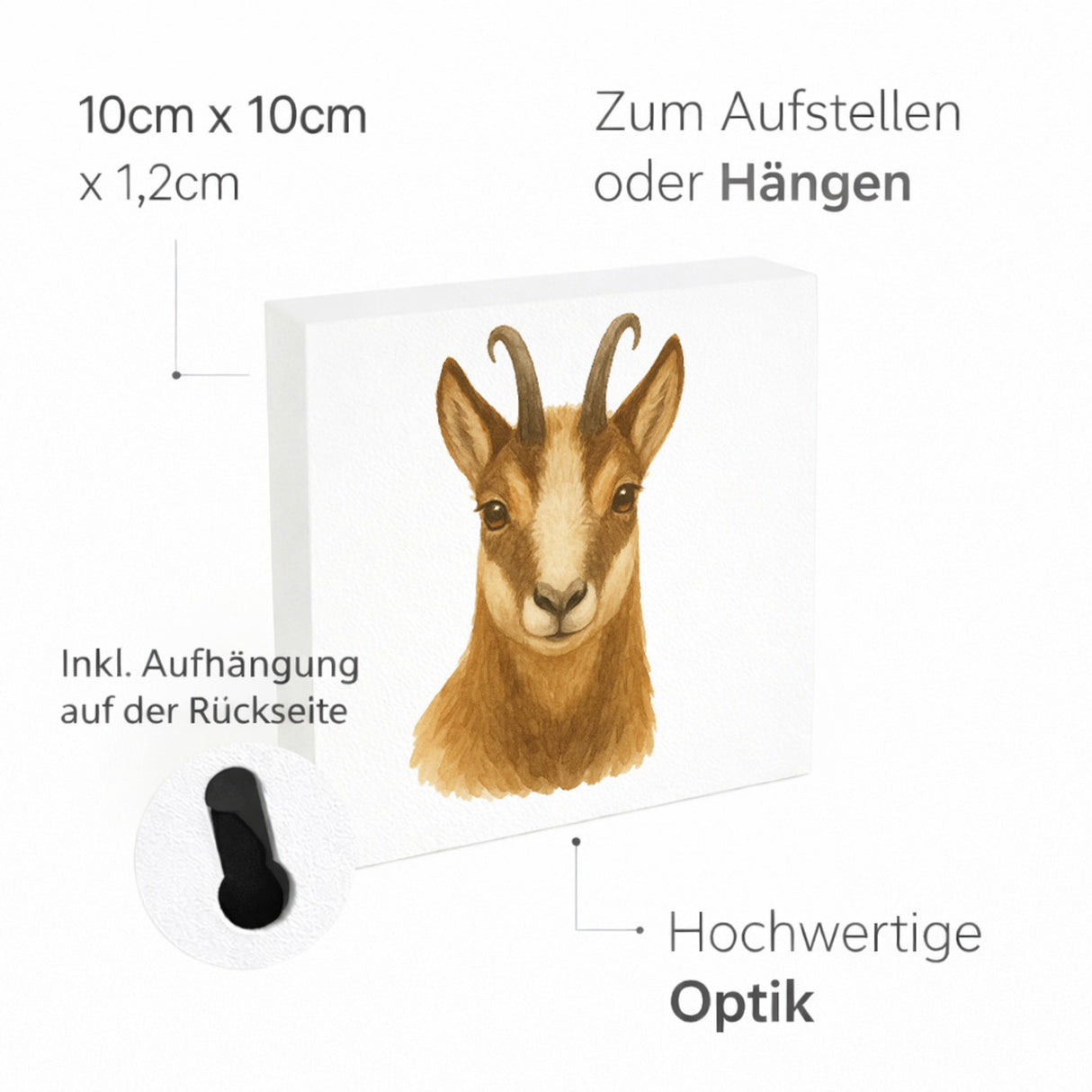 Gipfelliebe Gämse Portrait Holzbild in 10x10 cm zum Stellen oder Aufhängen