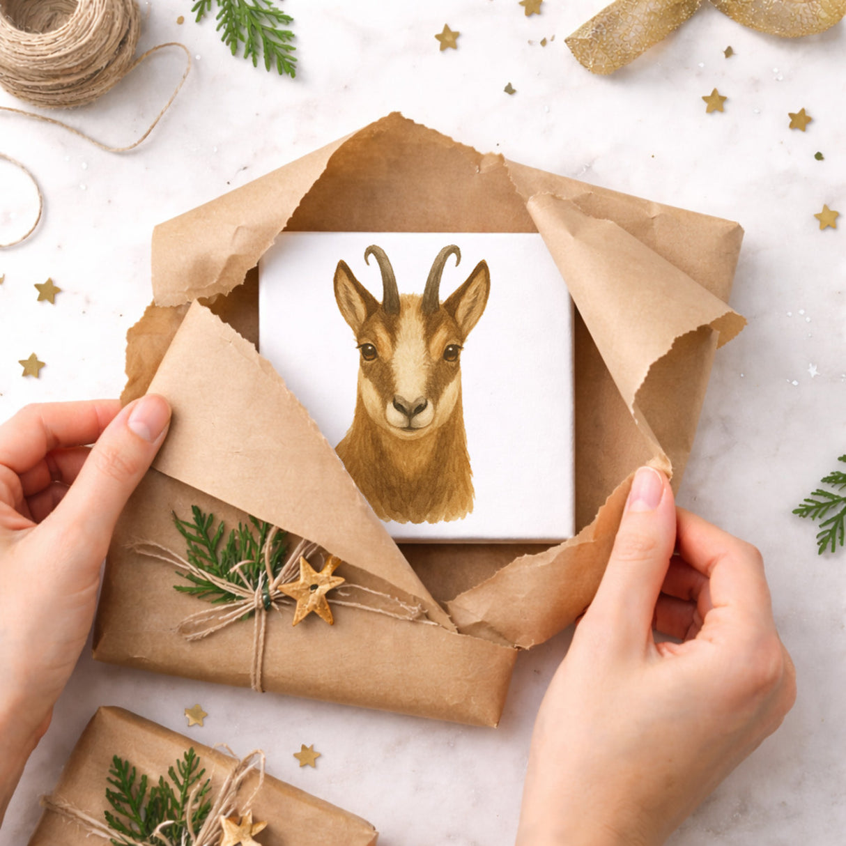 Gipfelliebe Gämse Portrait Holzbild in 10x10 cm zum Stellen oder Aufhängen