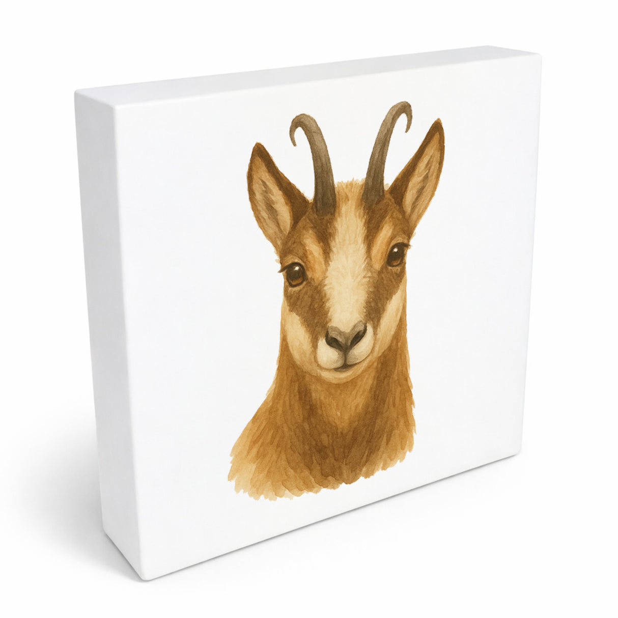 Gipfelliebe Gämse Portrait Holzbild in 10x10 cm zum Stellen oder Aufhängen
