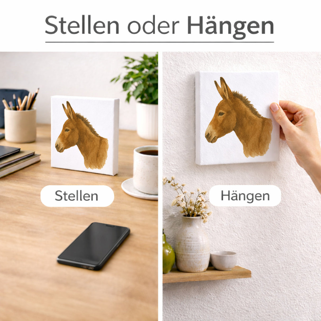 Eselmomente Eselkopf Aquarell Holzbild in 10x10 cm zum Stellen oder Aufhängen