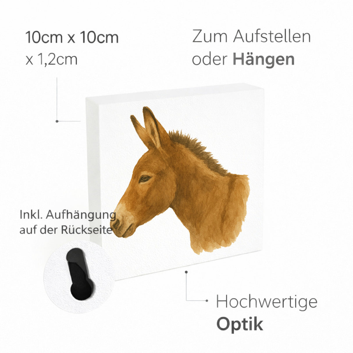 Eselmomente Eselkopf Aquarell Holzbild in 10x10 cm zum Stellen oder Aufhängen
