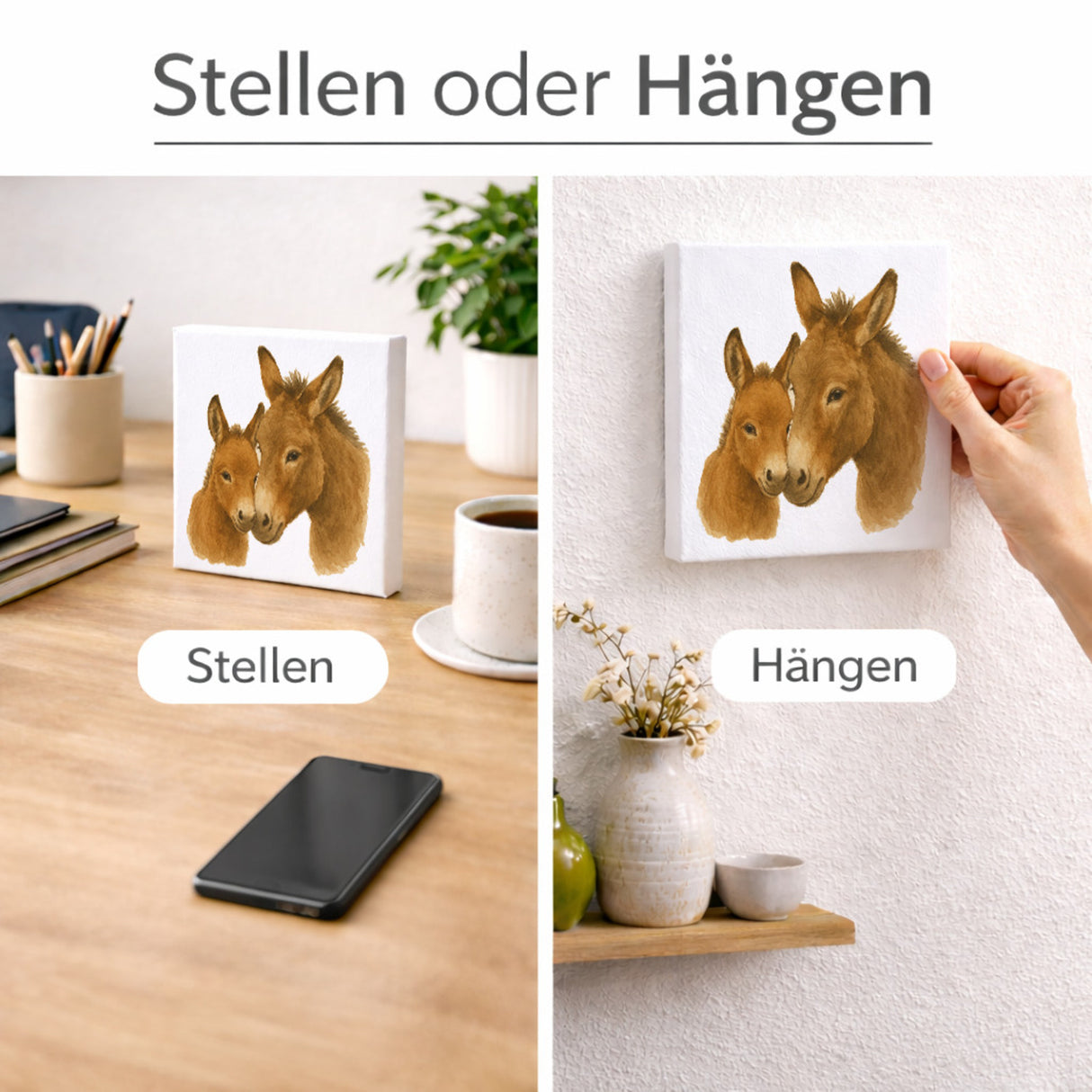 Eselmomente Esel Mutter Kind Holzbild in 10x10 cm zum Stellen oder Aufhängen