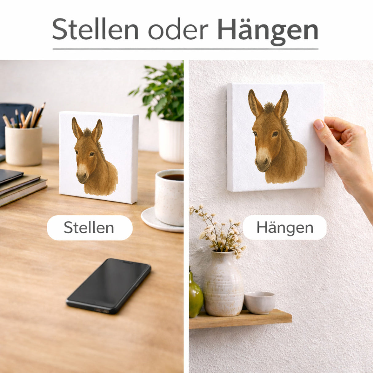 Eselmomente Esel Porträt Holzbild in 10x10 cm zum Stellen oder Aufhängen