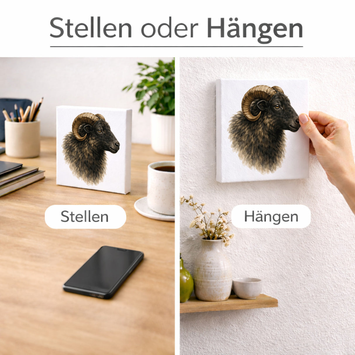 Flauschiger Charme Heideschnuckenkopf Holzbild in 10x10 cm zum Stellen oder Aufhängen