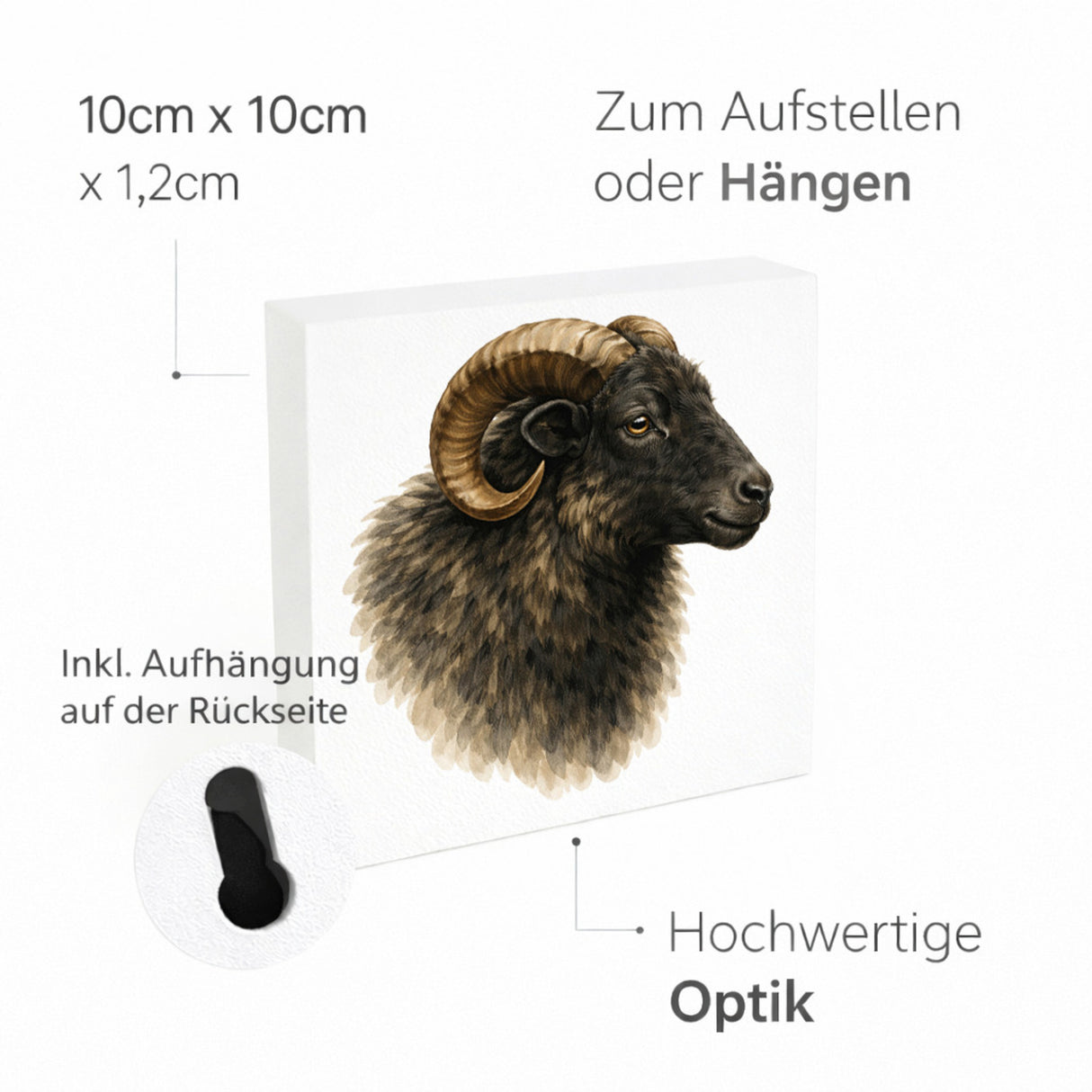 Flauschiger Charme Heideschnuckenkopf Holzbild in 10x10 cm zum Stellen oder Aufhängen