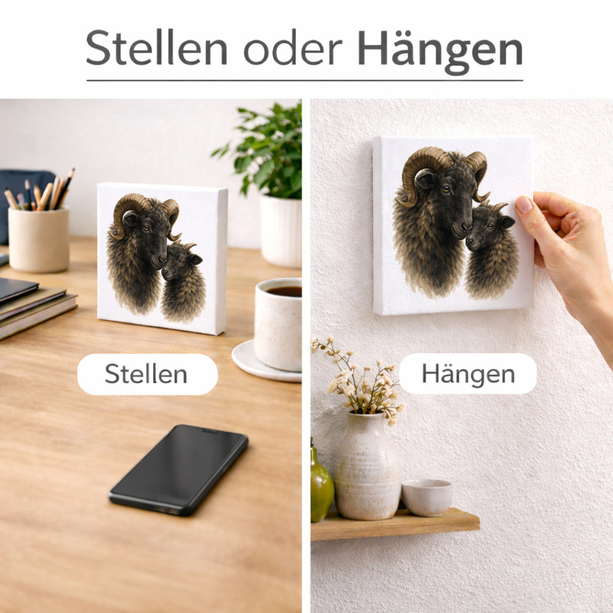 Flauschiger Charme Heideschnucke und Lamm Holzbild in 10x10 cm zum Stellen oder Aufhängen