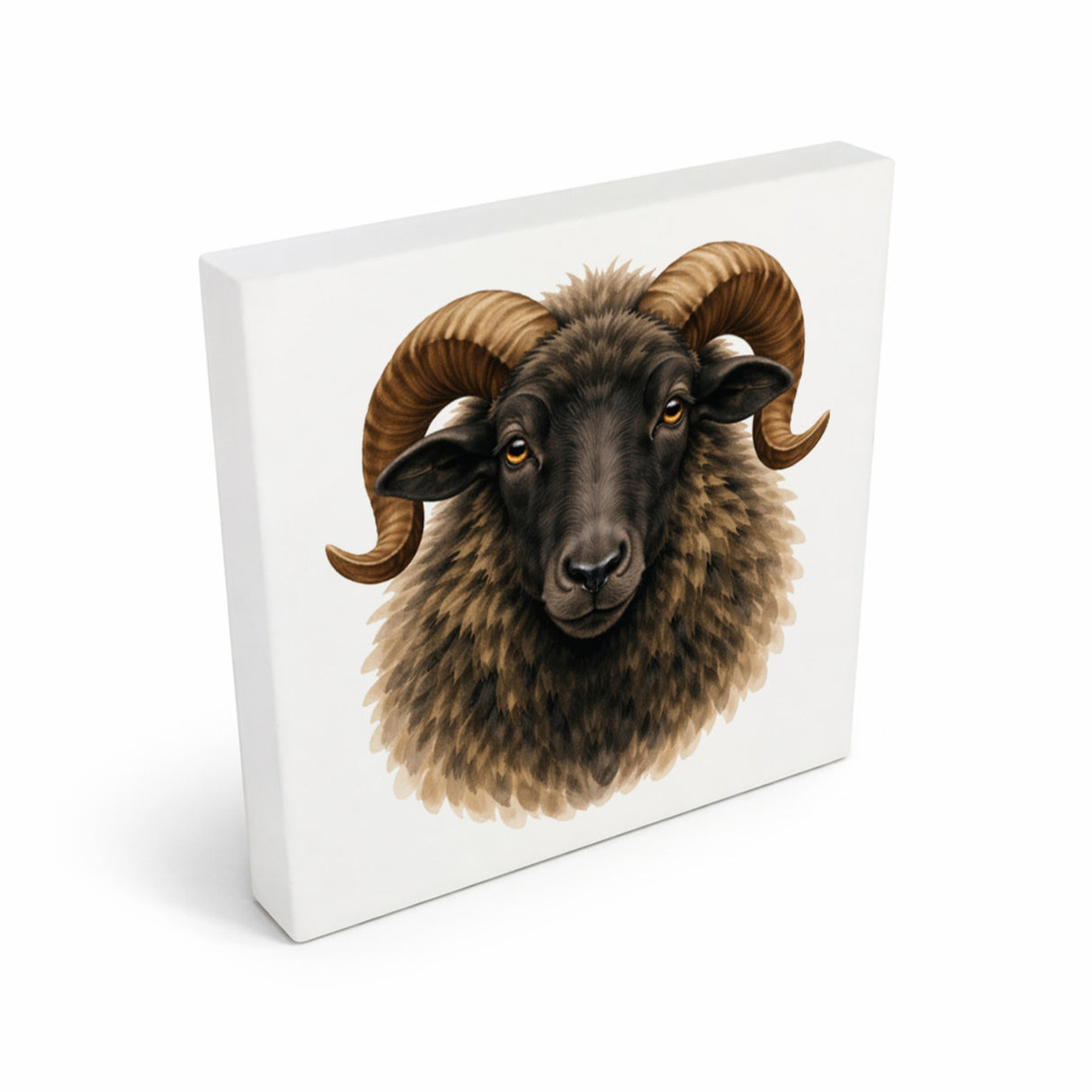 Flauschiger Charme Heideschnucke Holzbild in 10x10 cm zum Stellen oder Aufhängen