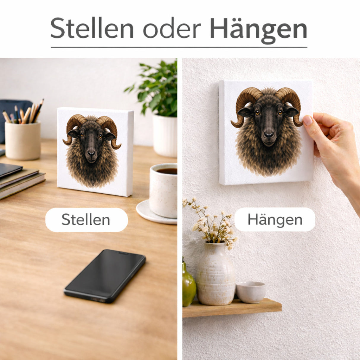 Flauschiger Charme Heideschnucke Holzbild in 10x10 cm zum Stellen oder Aufhängen