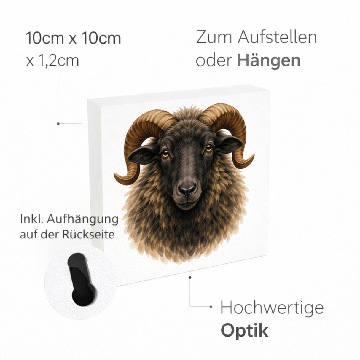 Flauschiger Charme Heideschnucke Holzbild in 10x10 cm zum Stellen oder Aufhängen