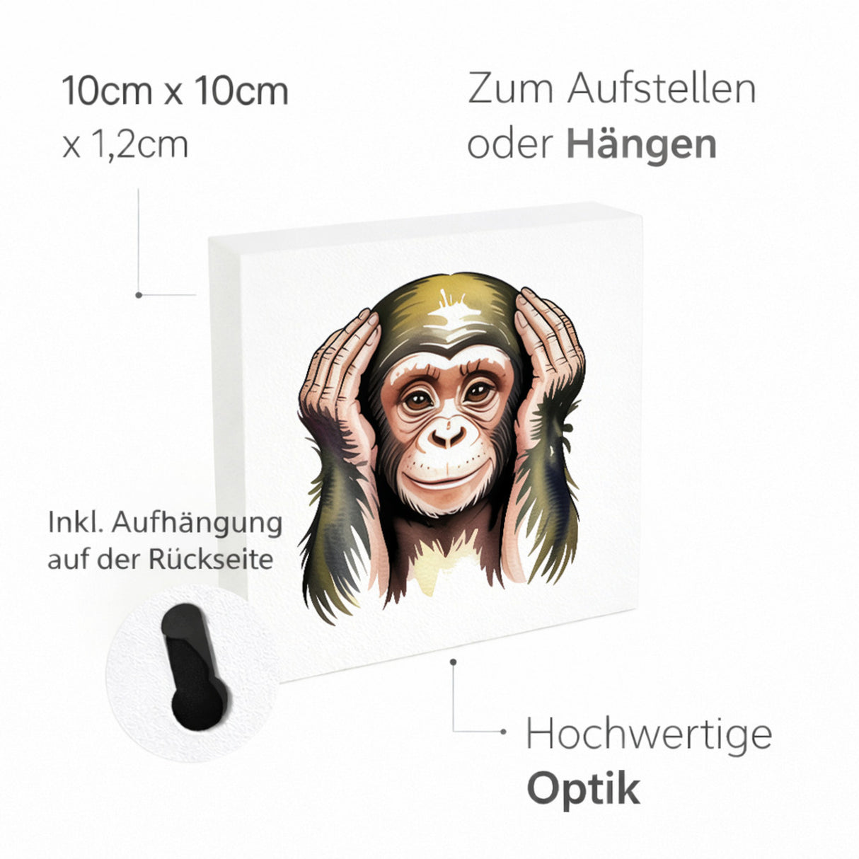 Die drei Affen nichts hören Holzbild in 10x10 cm zum Stellen oder Aufhängen