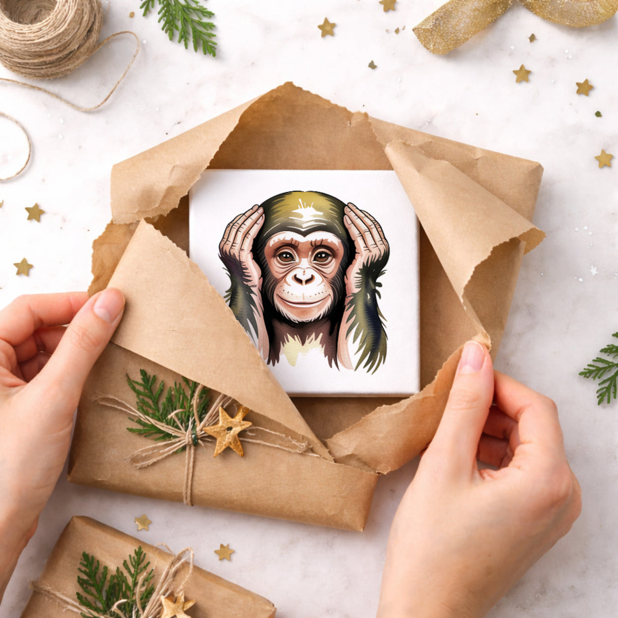 Die drei Affen nichts hören Holzbild in 10x10 cm zum Stellen oder Aufhängen