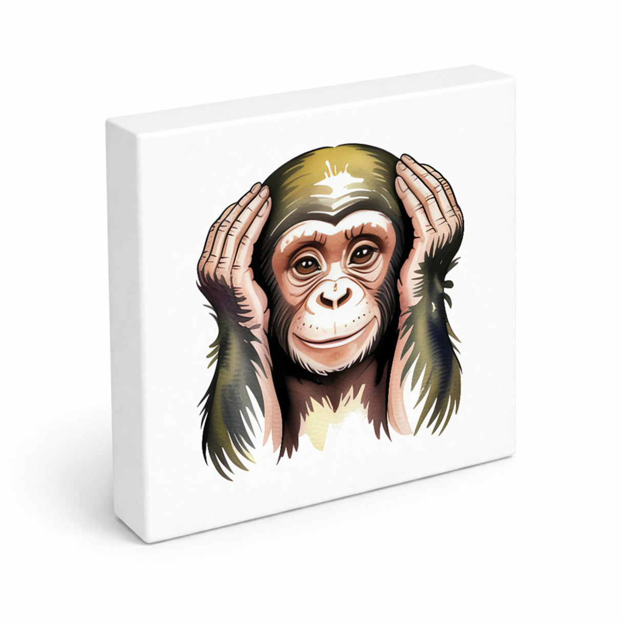 Die drei Affen nichts hören Holzbild in 10x10 cm zum Stellen oder Aufhängen