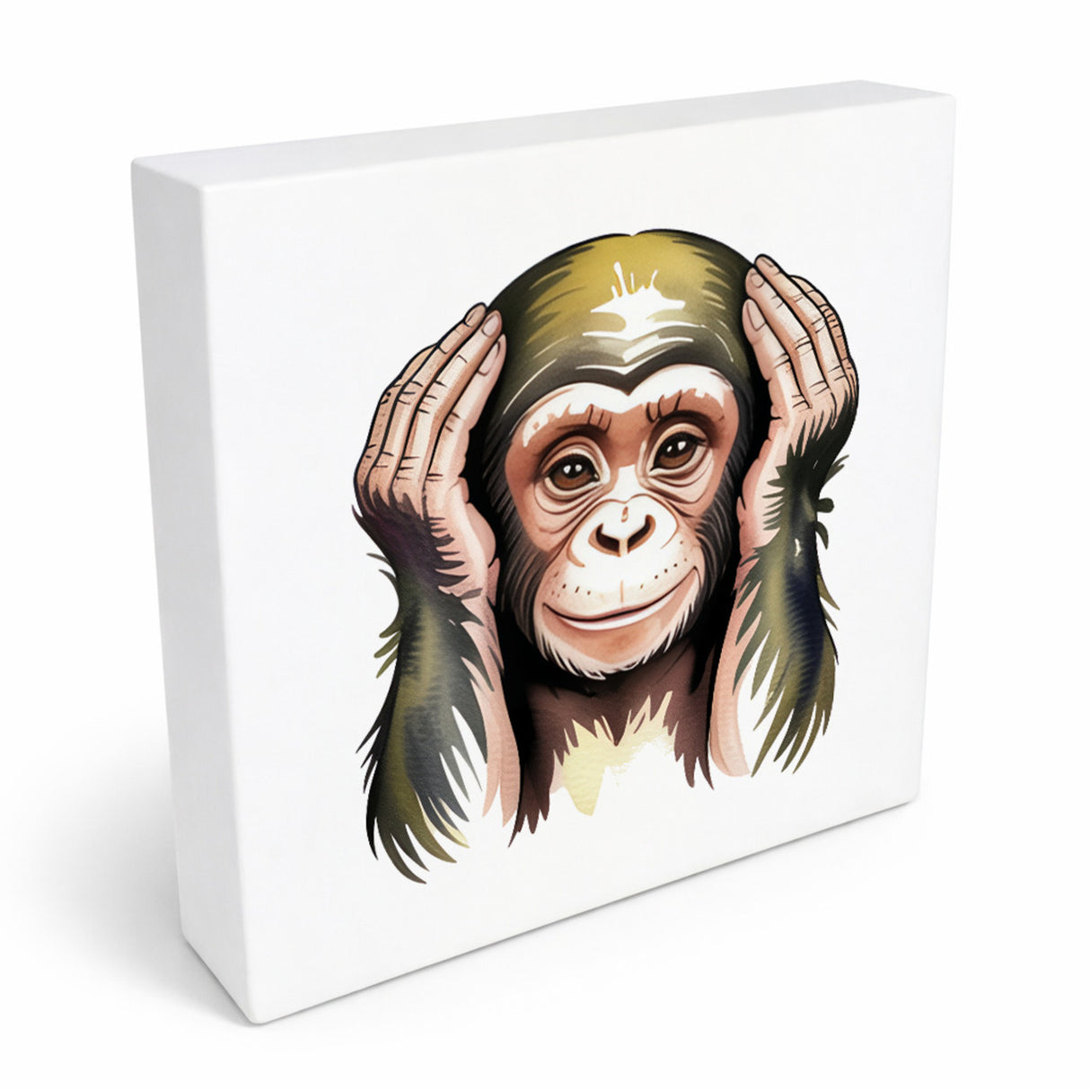 Die drei Affen nichts hören Holzbild in 10x10 cm zum Stellen oder Aufhängen