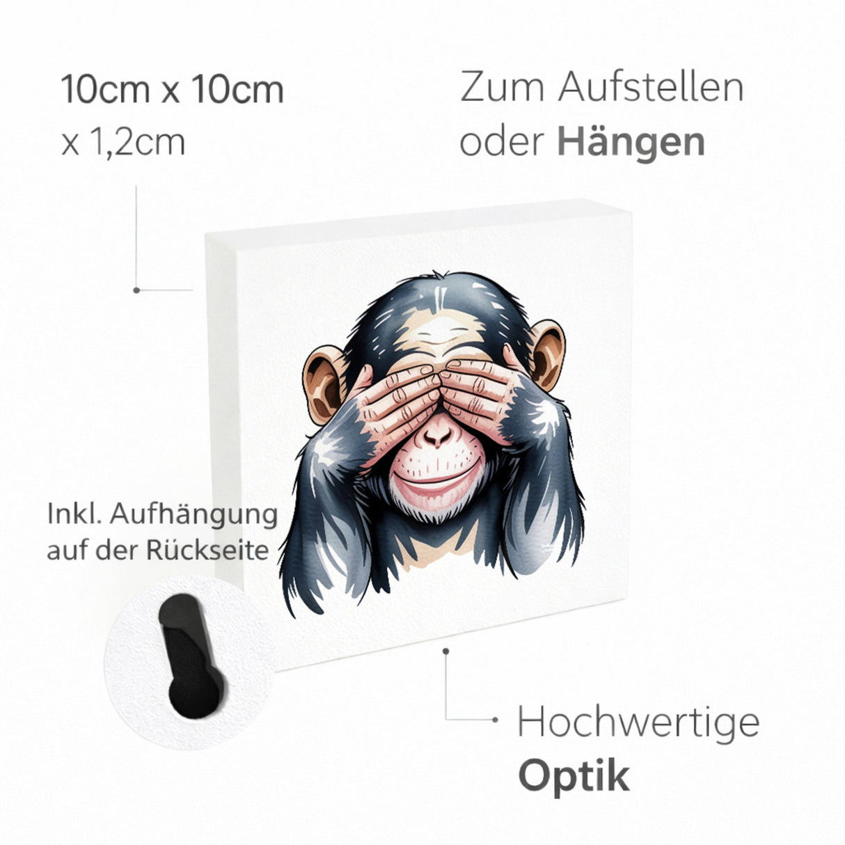 Die drei Affen nichts sehen Holzbild in 10x10 cm zum Stellen oder Aufhängen