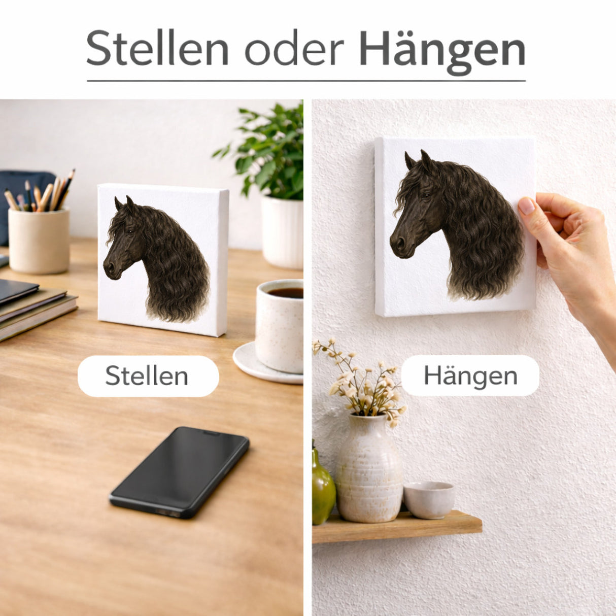 Prächtige Schönheiten Pferde Friese Pferdekopf Holzbild in 10x10 cm zum Stellen oder Aufhängen