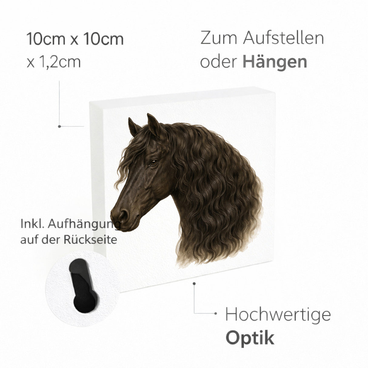 Prächtige Schönheiten Pferde Friese Pferdekopf Holzbild in 10x10 cm zum Stellen oder Aufhängen