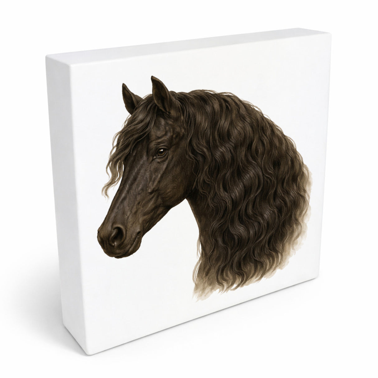 Prächtige Schönheiten Pferde Friese Pferdekopf Holzbild in 10x10 cm zum Stellen oder Aufhängen