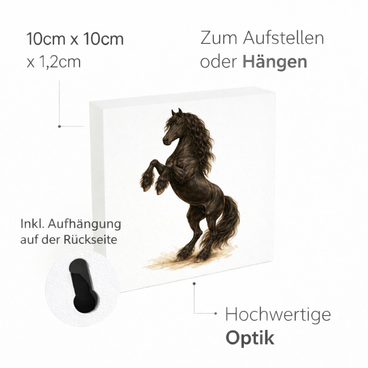 Prächtige Schönheiten Steigender Friese Pferde Holzbild in 10x10 cm zum Stellen oder Aufhängen