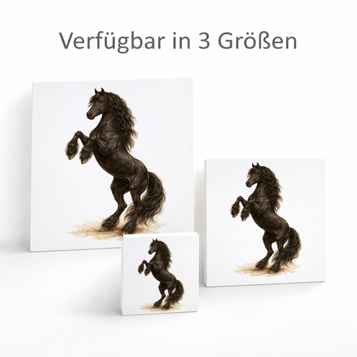 Prächtige Schönheiten Steigender Friese Pferde Holzbild in 10x10 cm zum Stellen oder Aufhängen