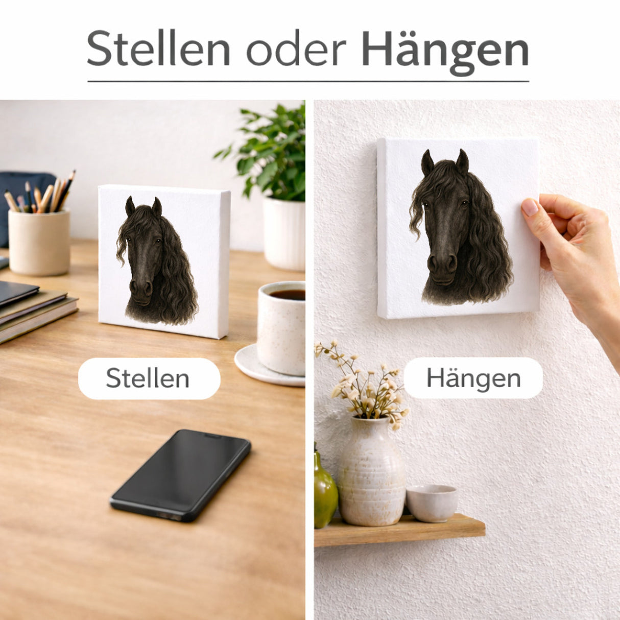 Prächtige Schönheiten Friese Portrait Pferde Holzbild in 10x10 cm zum Stellen oder Aufhängen