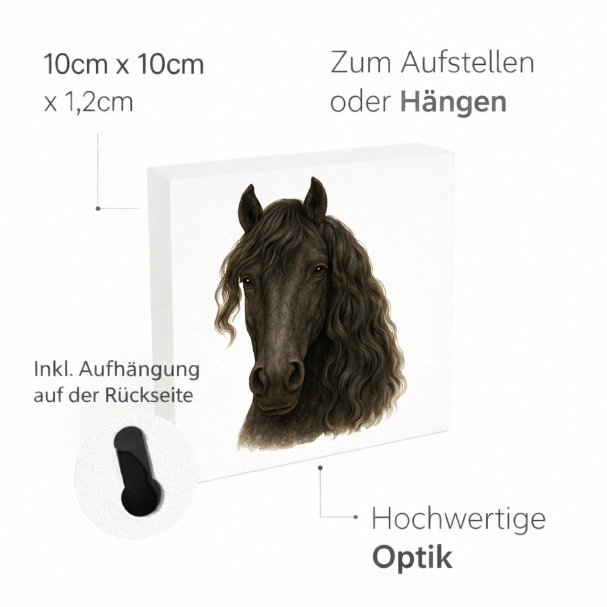 Prächtige Schönheiten Friese Portrait Pferde Holzbild in 10x10 cm zum Stellen oder Aufhängen