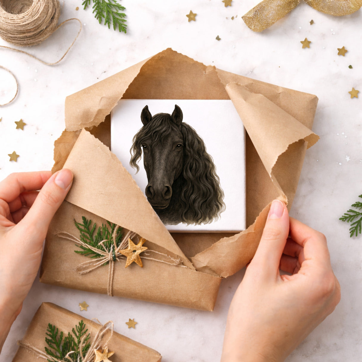 Prächtige Schönheiten Friese Portrait Pferde Holzbild in 10x10 cm zum Stellen oder Aufhängen