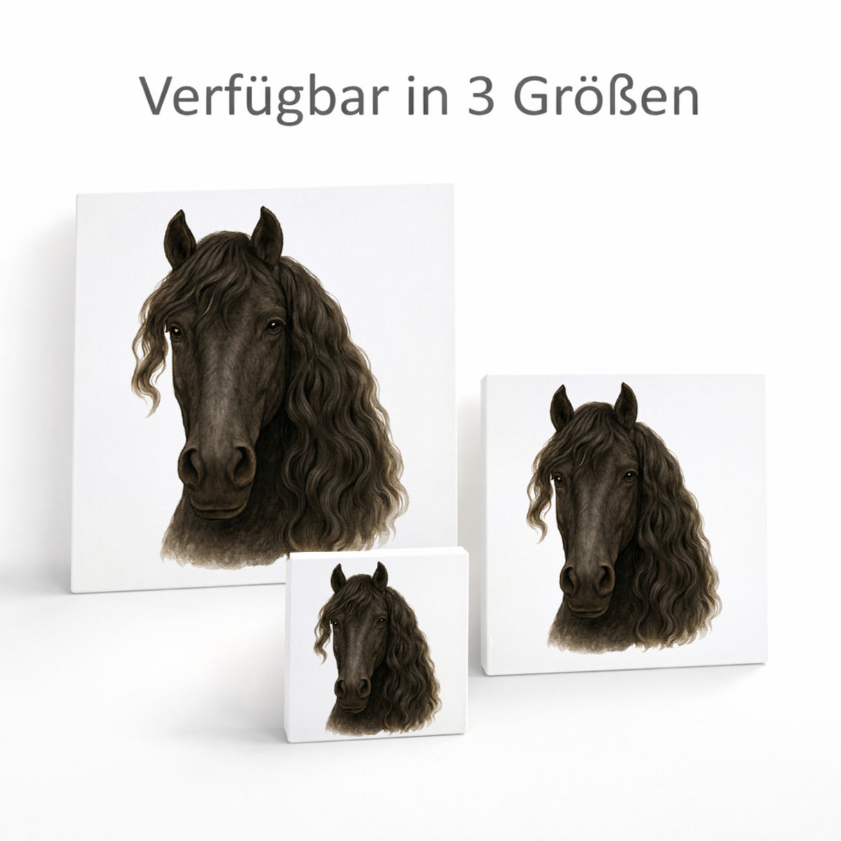 Prächtige Schönheiten Friese Portrait Pferde Holzbild in 10x10 cm zum Stellen oder Aufhängen