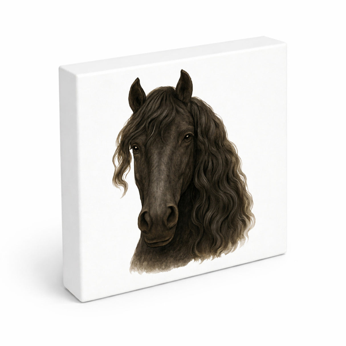 Prächtige Schönheiten Friese Portrait Pferde Holzbild in 10x10 cm zum Stellen oder Aufhängen