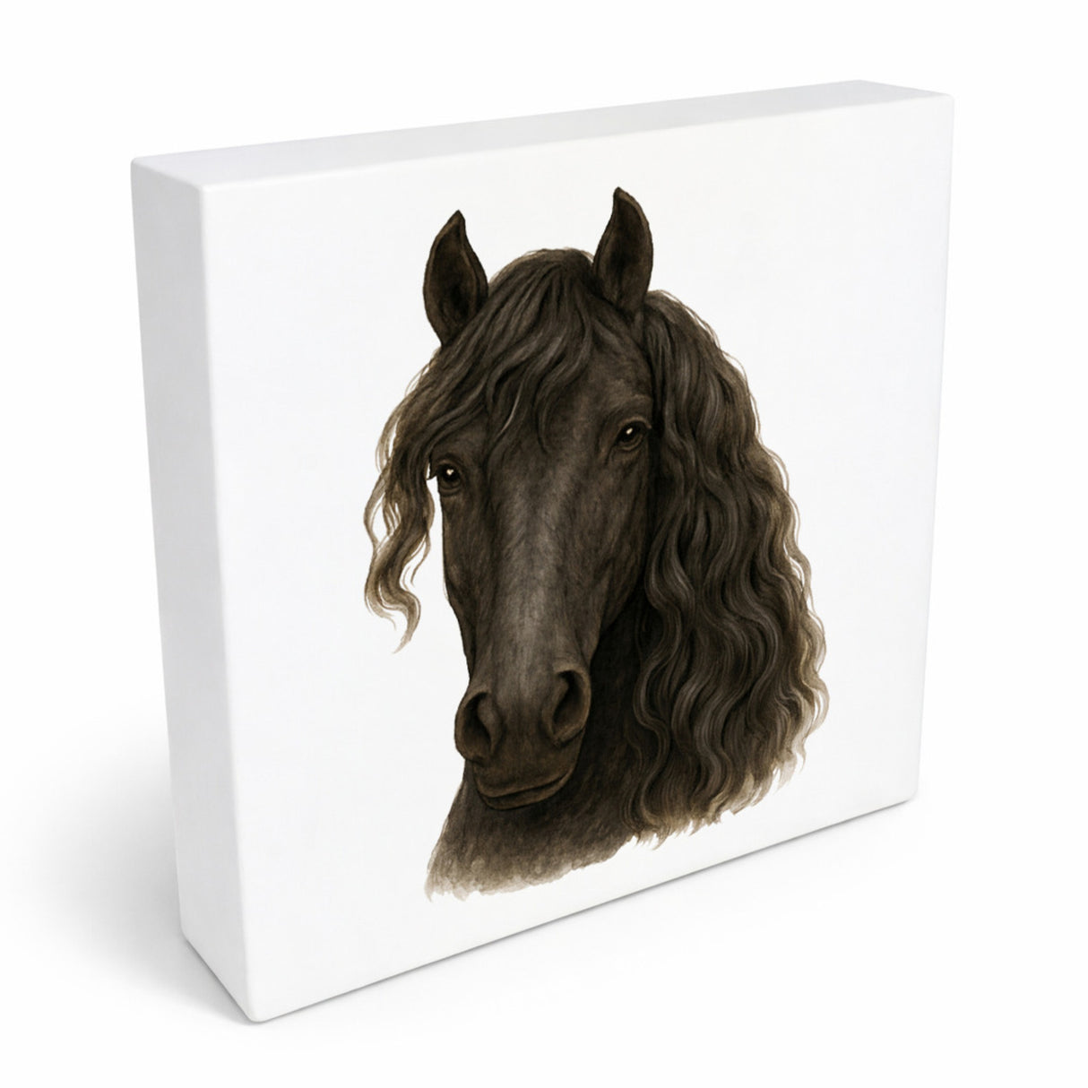 Prächtige Schönheiten Friese Portrait Pferde Holzbild in 10x10 cm zum Stellen oder Aufhängen