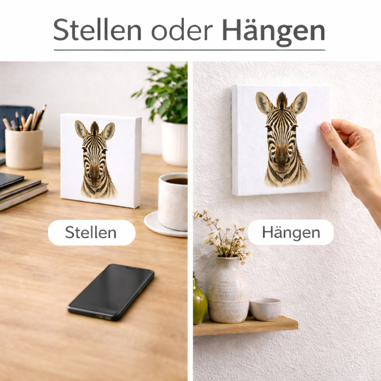 Tierische Eleganz Zebrakopf Holzbild in 10x10 cm zum Stellen oder Aufhängen