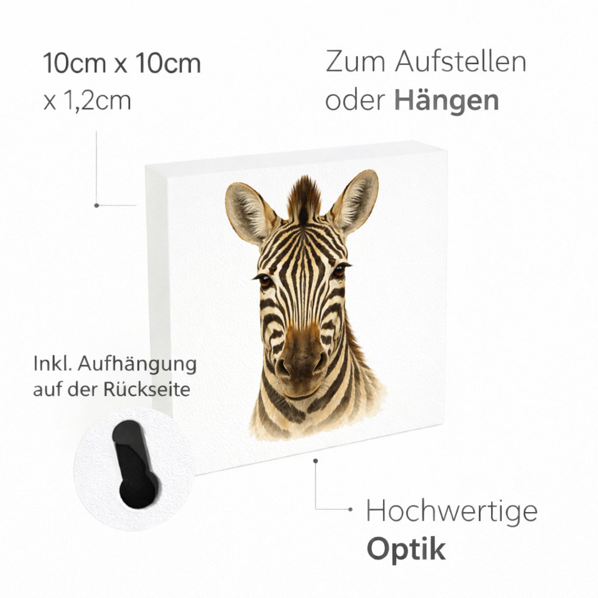 Tierische Eleganz Zebrakopf Holzbild in 10x10 cm zum Stellen oder Aufhängen