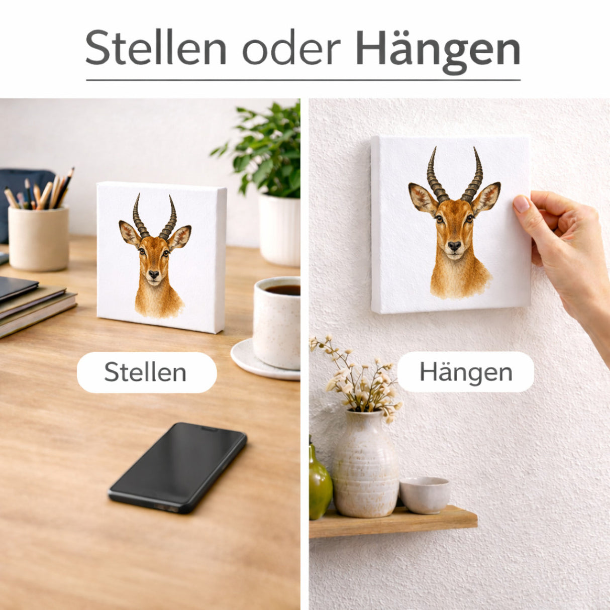 Tierische Eleganz Antilopenkopf Holzbild in 10x10 cm zum Stellen oder Aufhängen