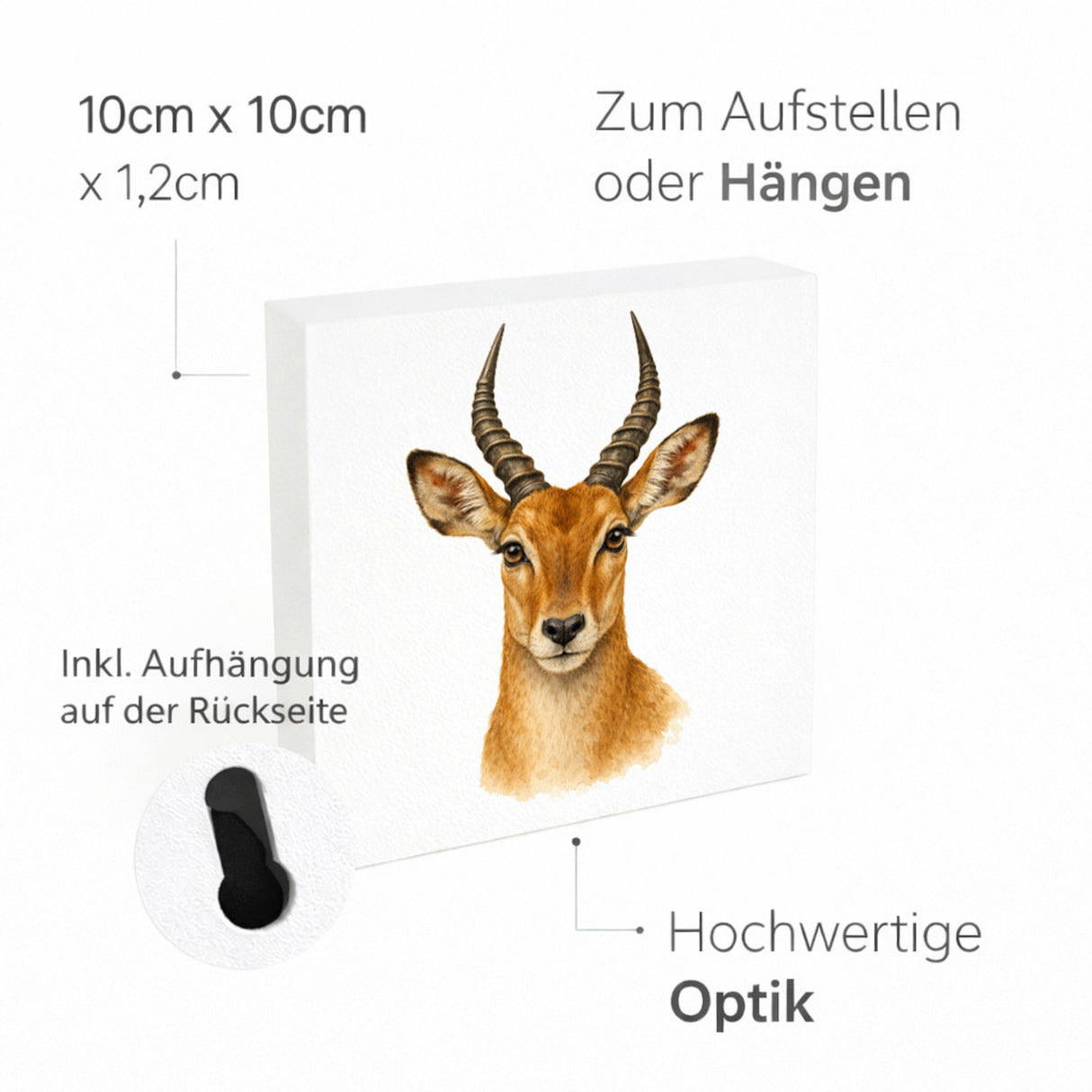 Tierische Eleganz Antilopenkopf Holzbild in 10x10 cm zum Stellen oder Aufhängen