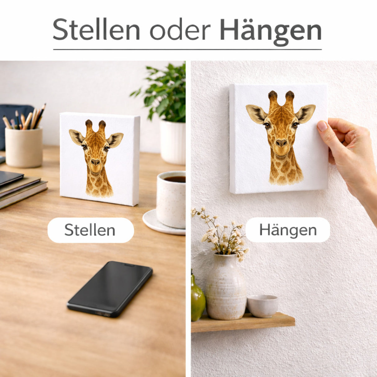 Tierische Eleganz Giraffenportrait Holzbild in 10x10 cm zum Stellen oder Aufhängen
