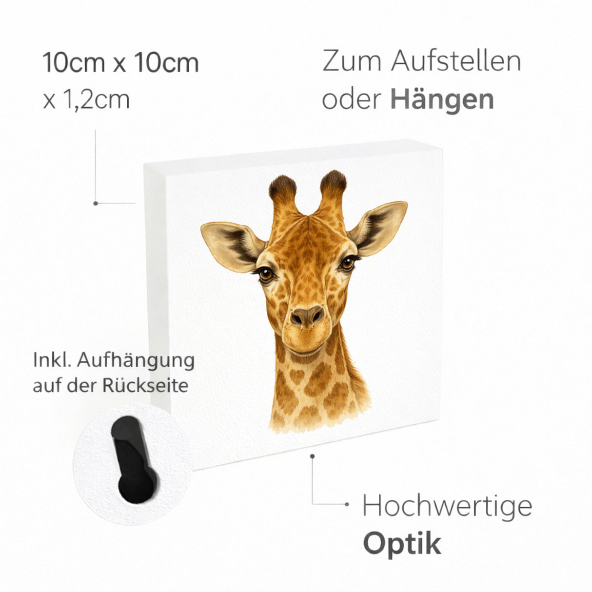 Tierische Eleganz Giraffenportrait Holzbild in 10x10 cm zum Stellen oder Aufhängen