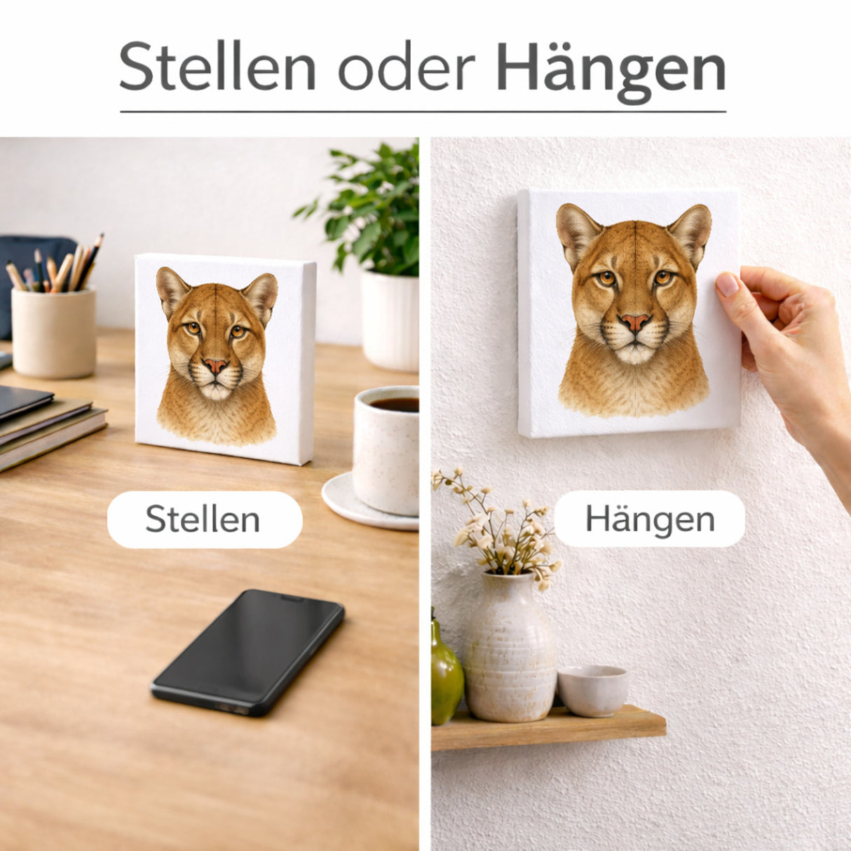 Raubtierblick Puma Porträt Holzbild in 10x10 cm zum Stellen oder Aufhängen