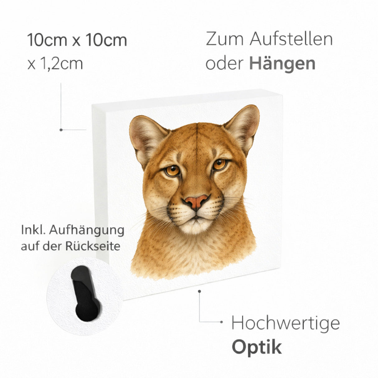 Raubtierblick Puma Porträt Holzbild in 10x10 cm zum Stellen oder Aufhängen