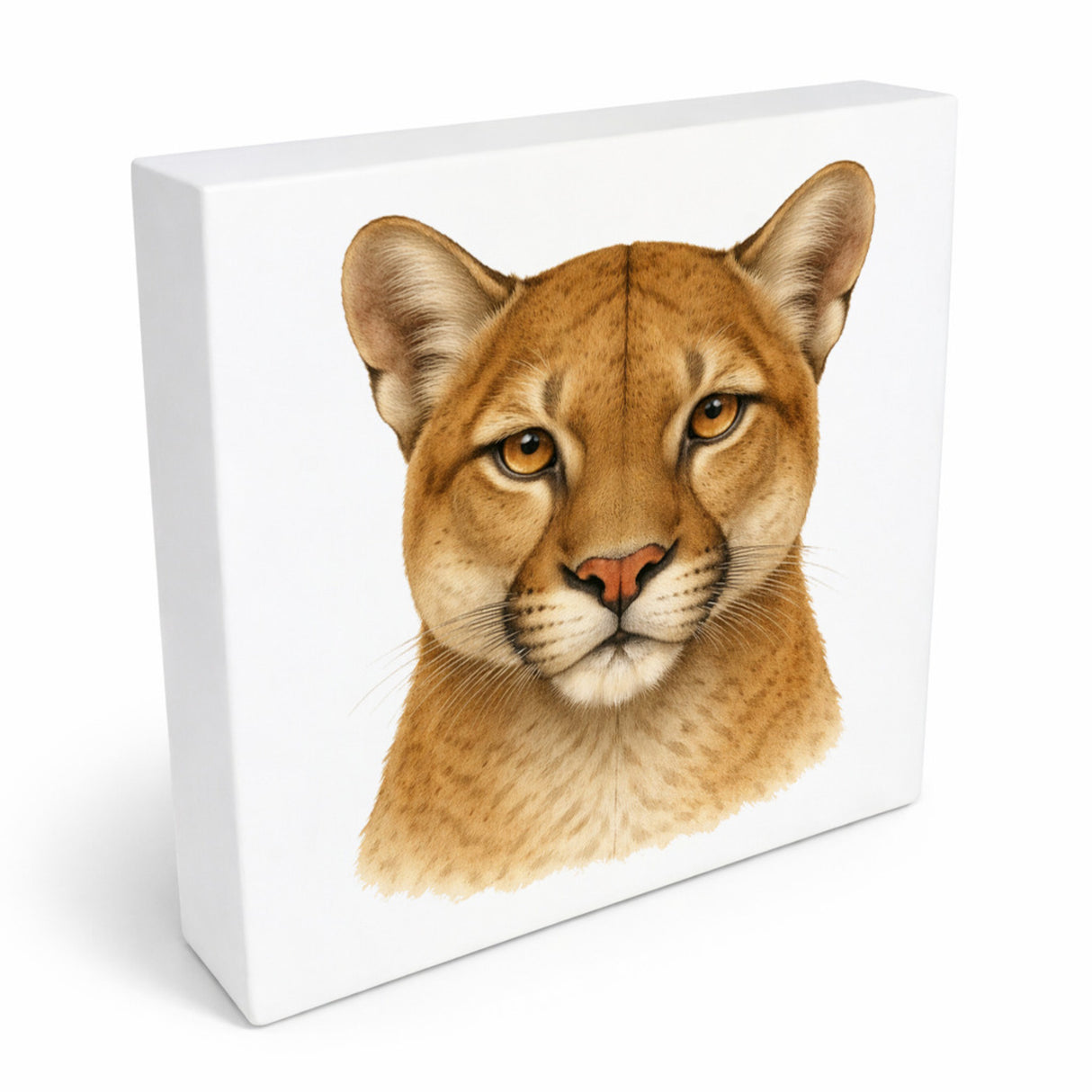 Raubtierblick Puma Porträt Holzbild in 10x10 cm zum Stellen oder Aufhängen